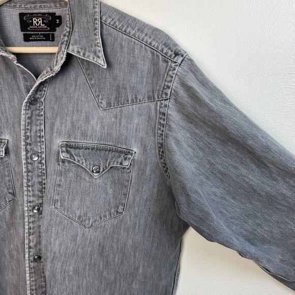 Vintage RRL Ralph Lauren Mens Gray Western Denim Shirt Size Medium Pearl Snap - Picture 9 of 16